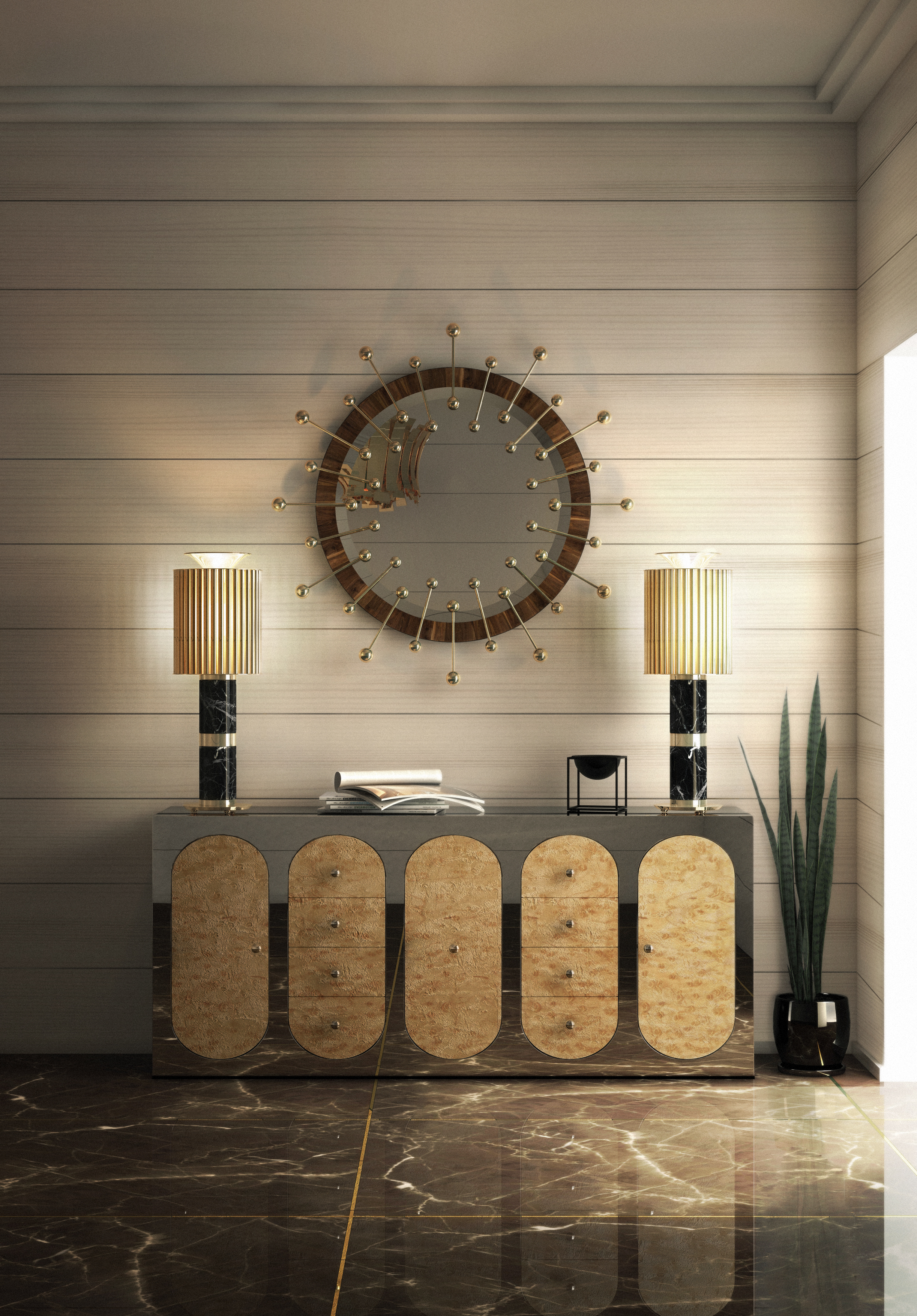 DUEL LAMPS - So many homes have those spaces that just never seem to get adequate lighting. A credenza can easily solve that problem by holding two statement lamps in that dark space. They’ll work together to light up the room and create a visually pleasing design, like Donna Table lamps do.